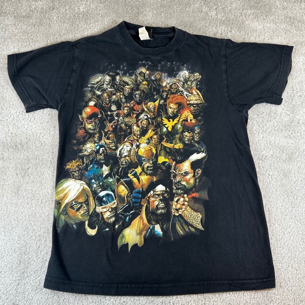 Mad Engine Marvel Comics Character Collage Shirt‎ Mens S Black Graphic Tee Faded